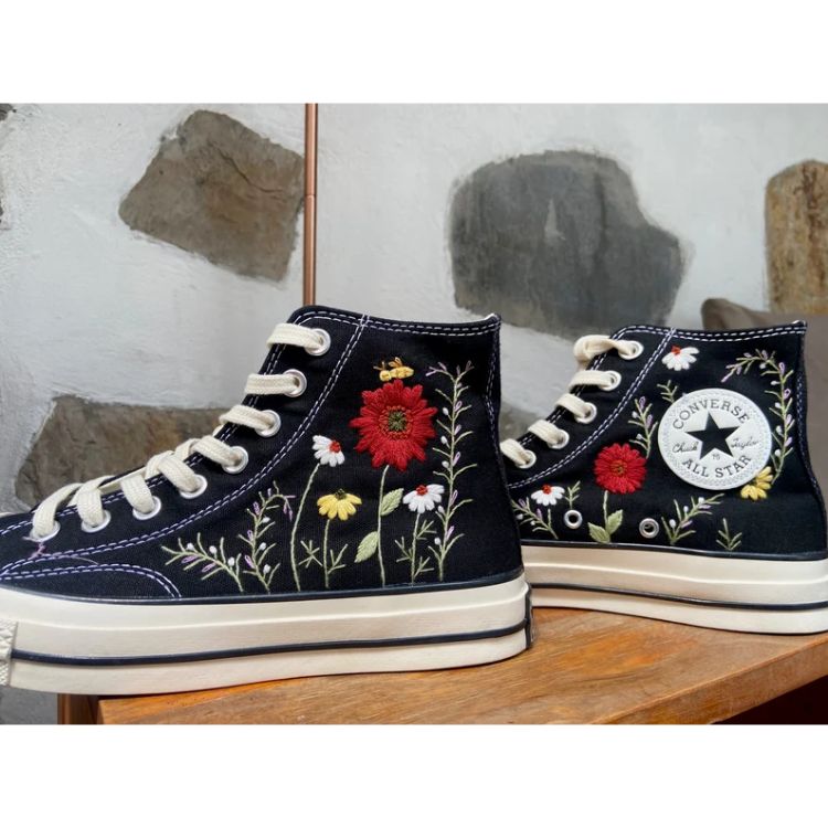 Red Rose Garden Converse , Hand Embroidery Flowers Unique Gifts