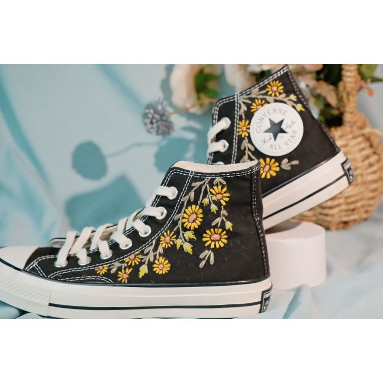 Embroidered Converse, High Tops, Custom Colorful Chrysanthemum Garden