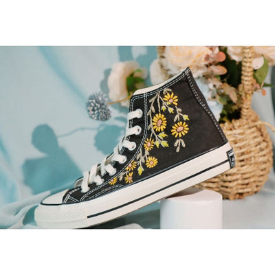 Embroidered Converse, High Tops, Custom Colorful Chrysanthemum Garden
