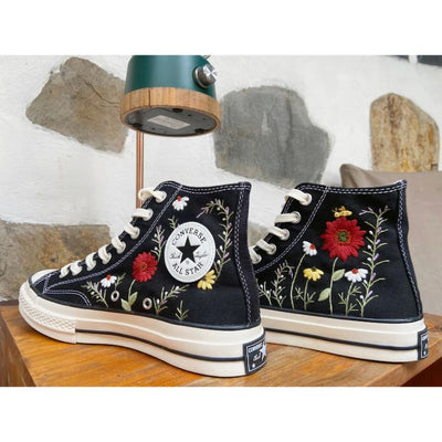 Red Rose Garden Converse , Hand Embroidery Flowers Unique Gifts