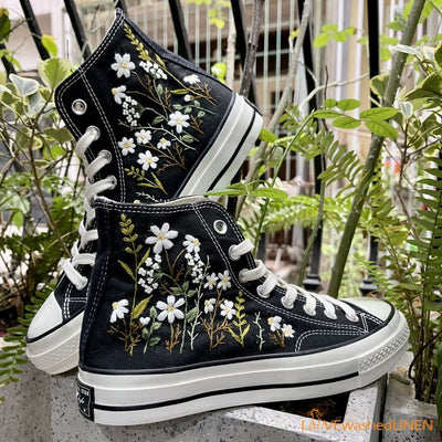 Custom Converse High Tops, Converse Embroidered Daisy Flower