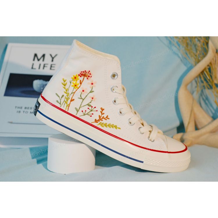 Embroidered Converse, Custom Colorful Chrysanthemum Garden, Sneaker
