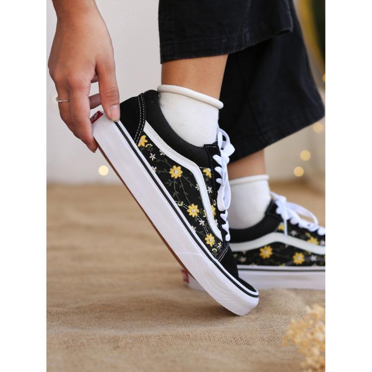 Custom Vans Yellow Flowers Embroidered Shoes, Sunflower Embroidered