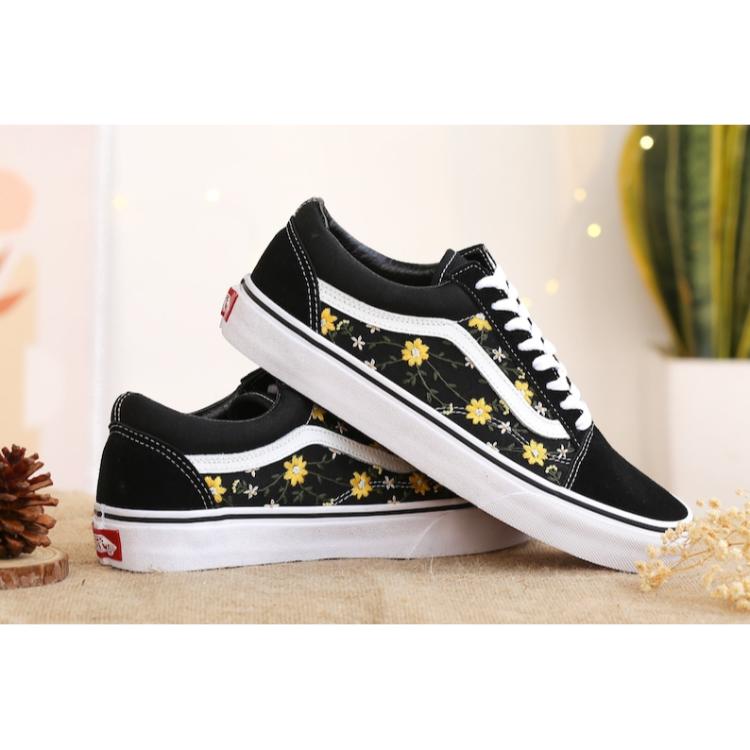 Custom Vans Yellow Flowers Embroidered Shoes, Sunflower Embroidered