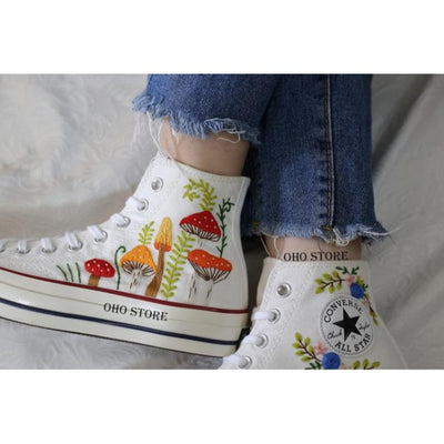 Custom Converse Taylor 1970s Mushrooms Embroidered Shoes, embroidered