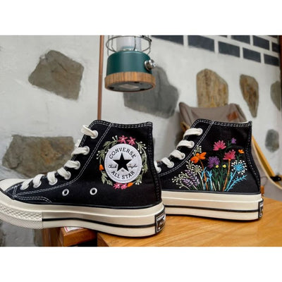 Retro Embroidered Flowers Classic Converse, Custom Hand Embroidery