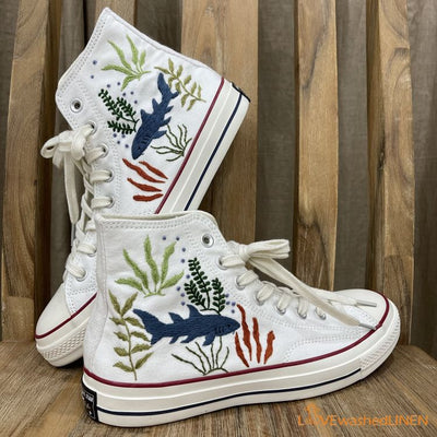 Custom Embroidered Converse High Tops, Converse Shark Embroidered