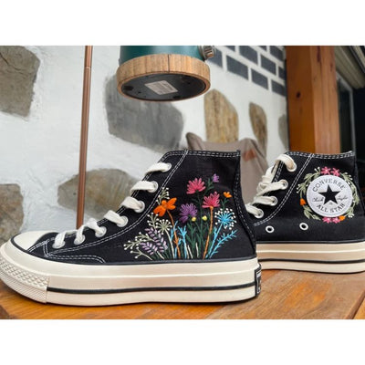 Retro Embroidered Flowers Classic Converse, Custom Hand Embroidery