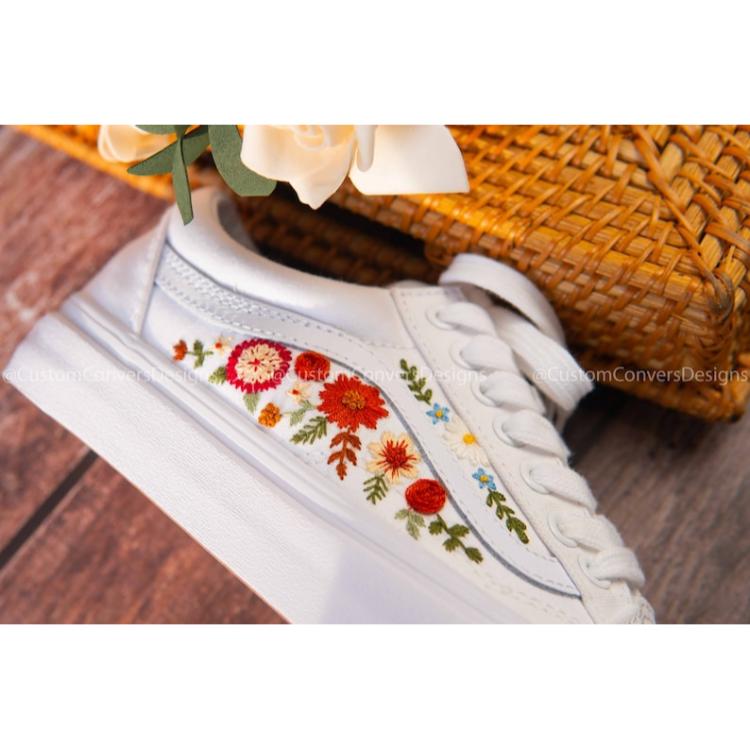 Custom Vans, Wedding Vans/Embroidered Vans Colorful Red Flower Garden