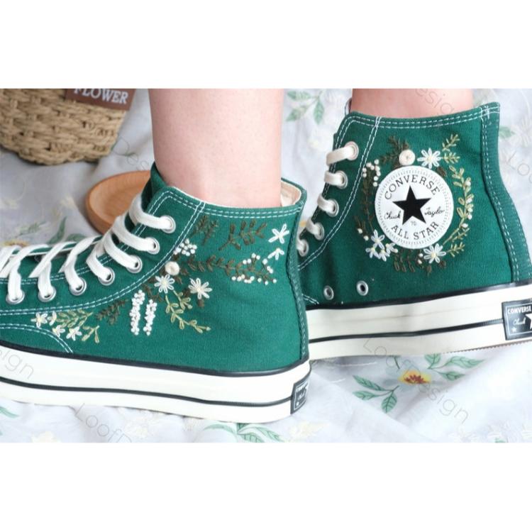 Embroidered Converse Heart, Flower Embroidery Wedding Converse Shoes