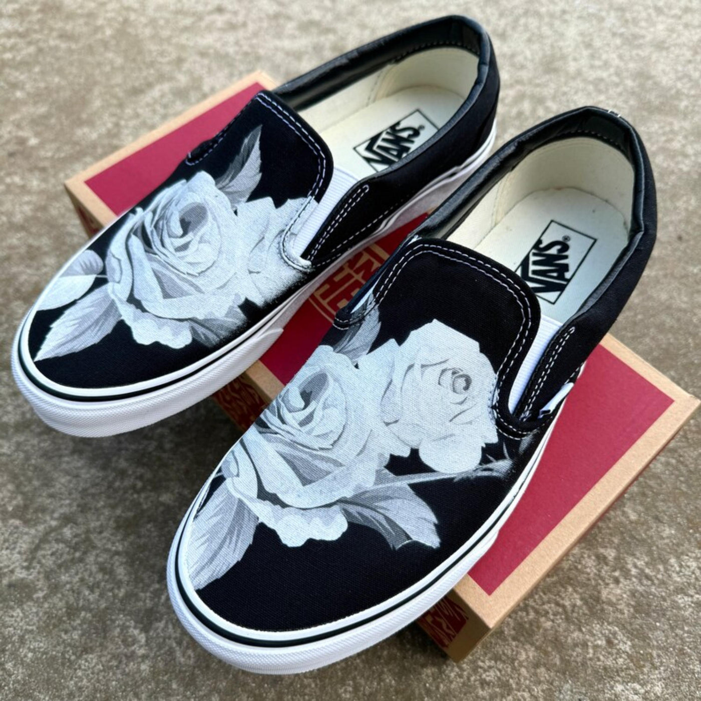 Greyscale Roses on Black Slip On Vans Shoes Vans Shoes