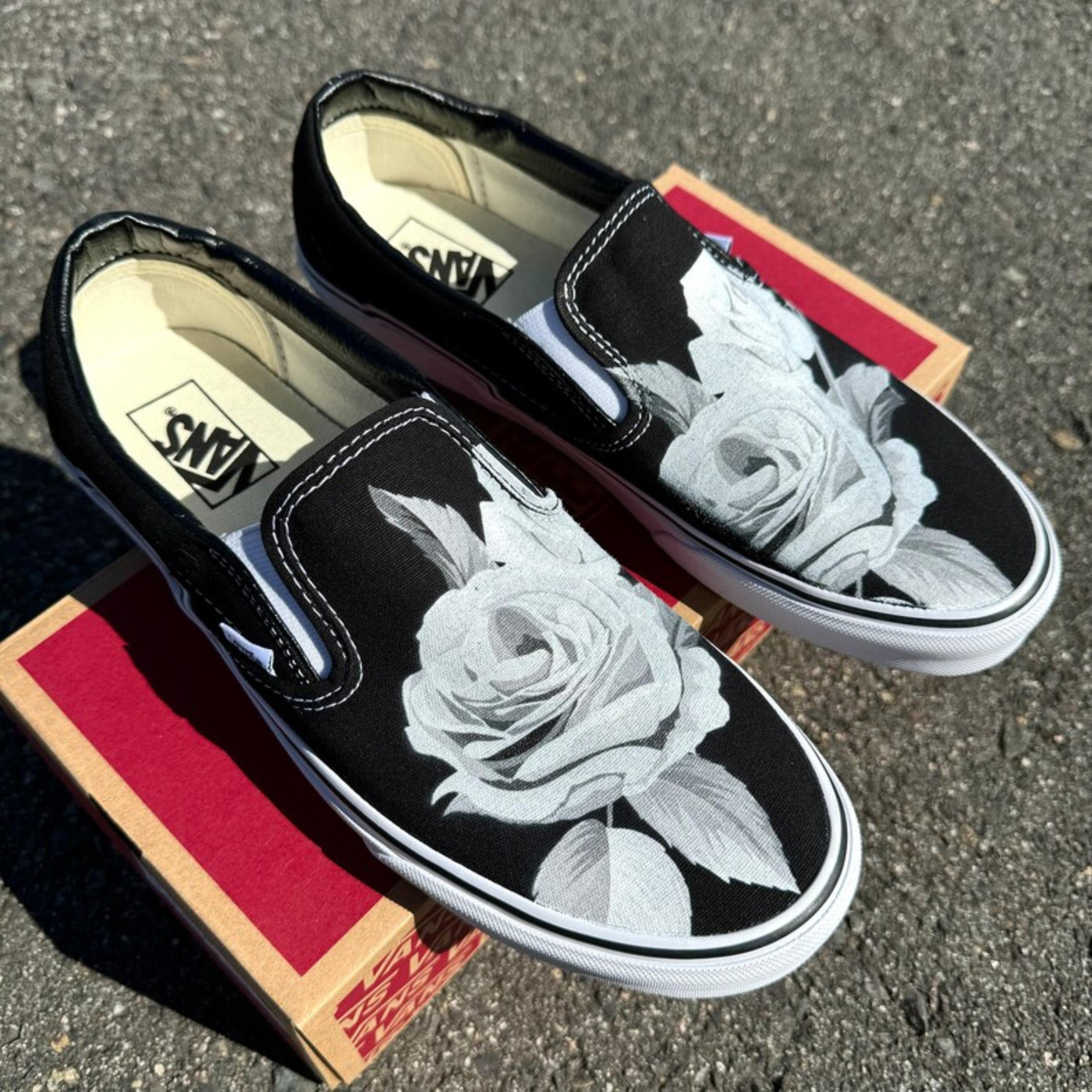 Greyscale Roses on Black Slip On Vans Shoes Vans Shoes