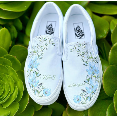 Light Blue Flower, Wedding Custom Slip On Vans