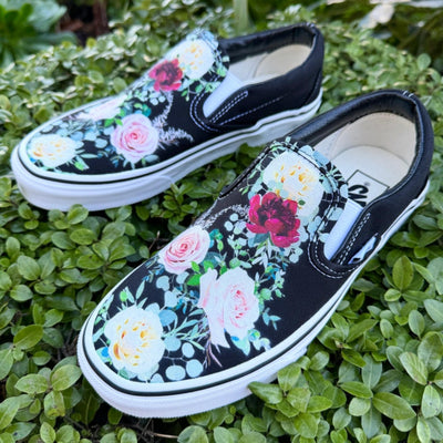 Whimsical Roses on Black Slip On Vans Shoes