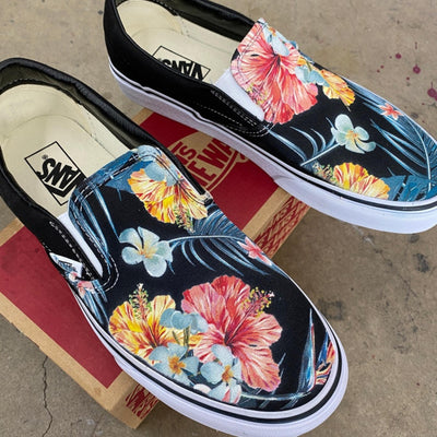 Tropical Floral Pattern on Black Vans Slip On Shoes