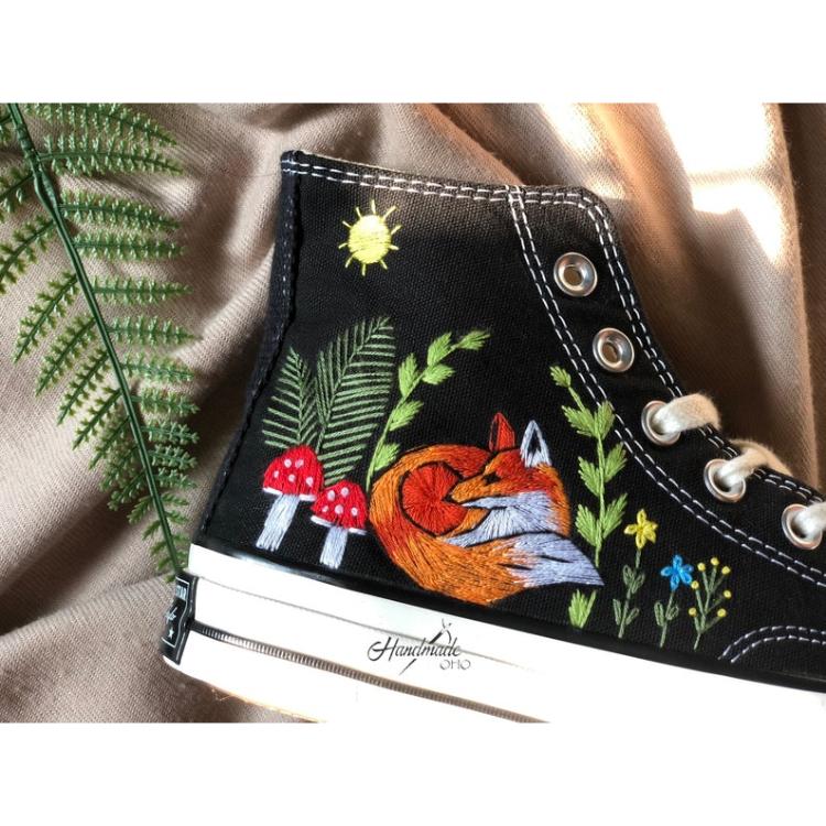 Custom converse, Mushroom shoes, Fox, Flower, Embroidery
