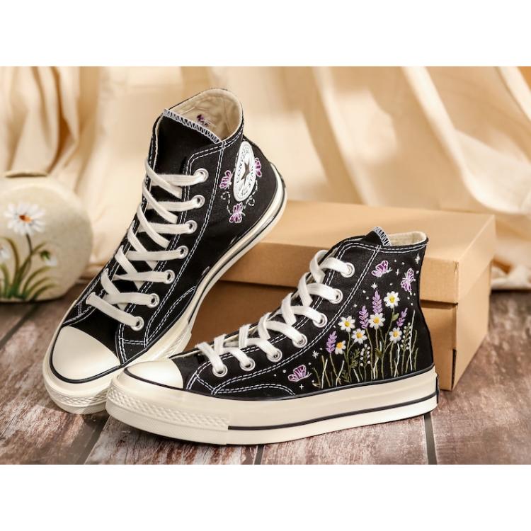 Embroidered Converse High Tops, Daisy, Lavender Flowers Embroidered
