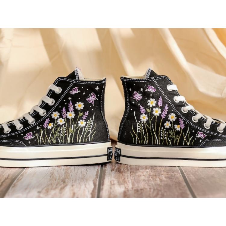 Embroidered Converse High Tops, Daisy, Lavender Flowers Embroidered