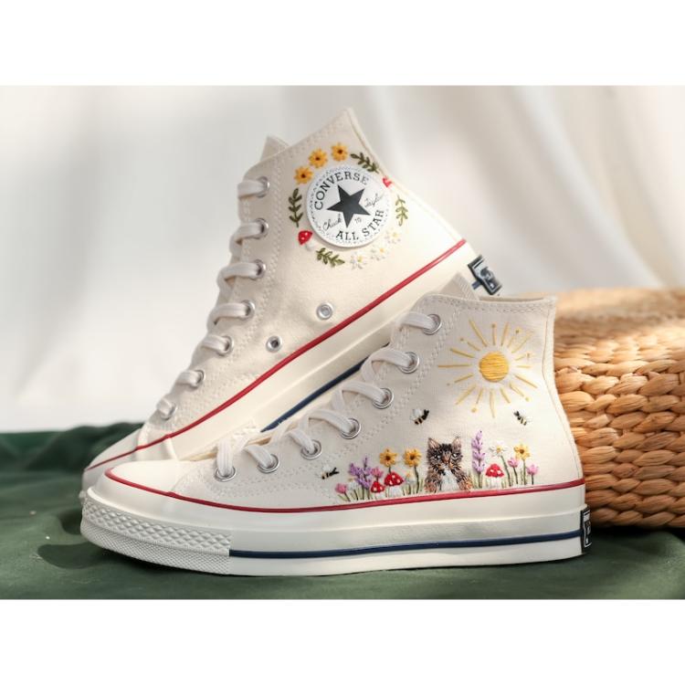 Custom Embroidered Converse, Flowers Embroidered Converse with Cats