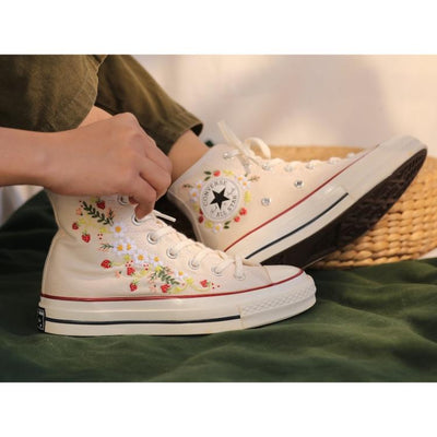 Strawberry Converse Shoes, Converse High Top Shoes Embroidered