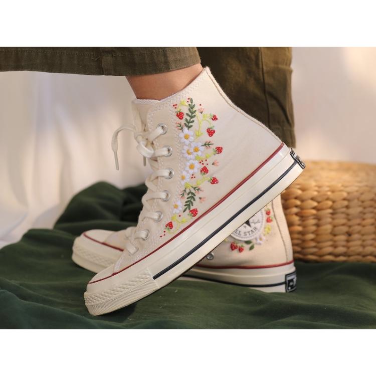 Strawberry Converse Shoes, Converse High Top Shoes Embroidered