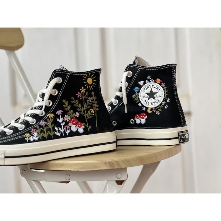 Converse High Top embroidered spaceships, red mushrooms