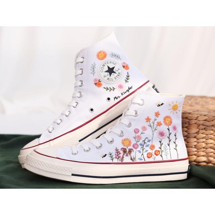 Embroidered Converse Sunflower Garden, Custom Converse High Tops