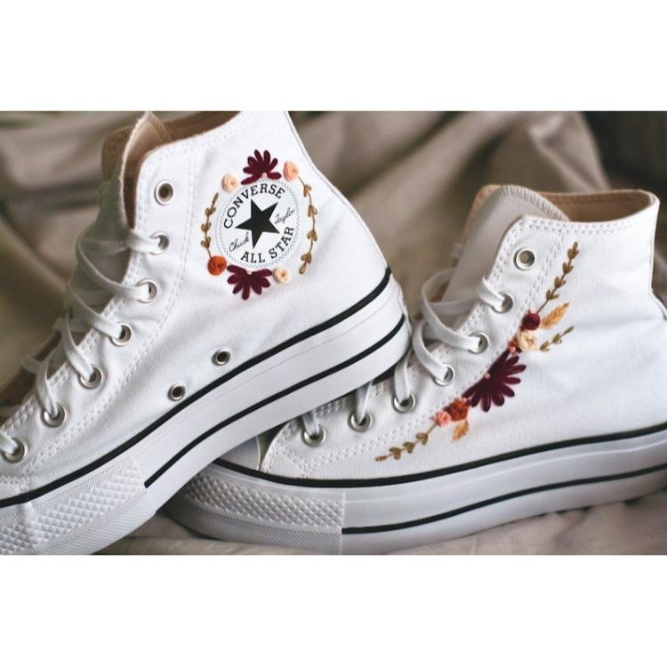 Fall Embroidered Platform Converse Shoes , Hand Embroidered Shoes