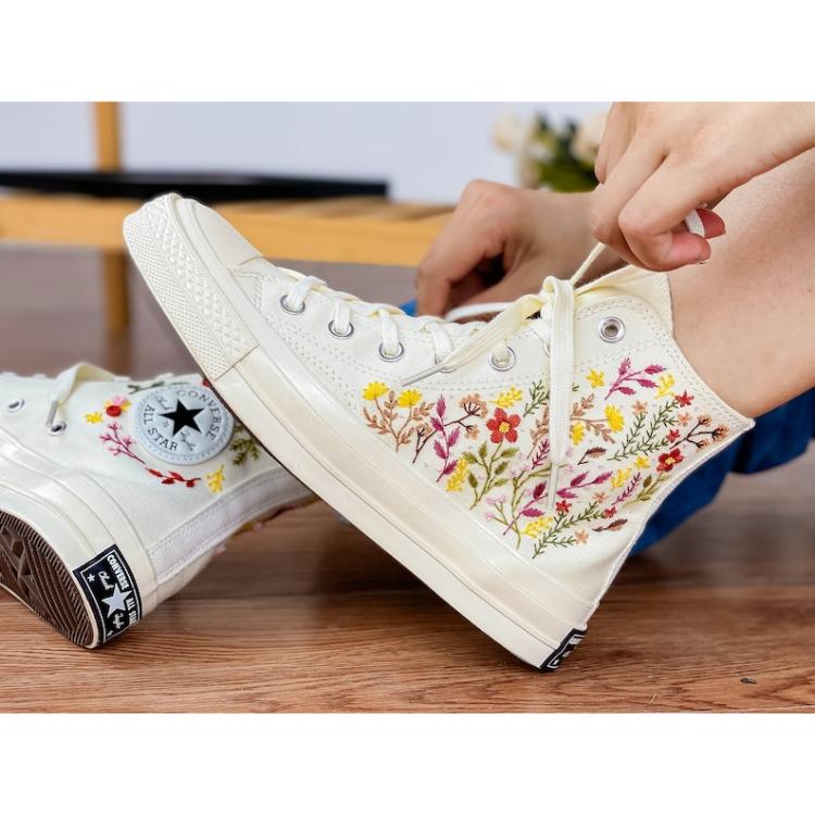 Custom Converse High Tops, Floral Converse, Embroidered Beige Converse