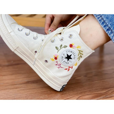 Custom Converse High Tops, Floral Converse, Embroidered Beige Converse