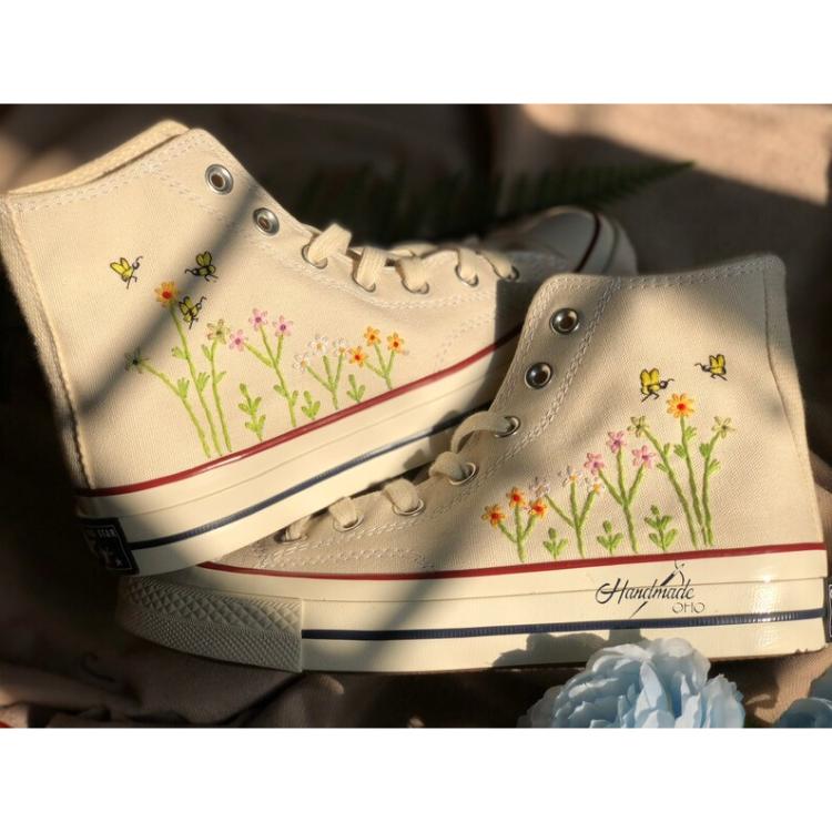 Custom Embroidery Shoes, Flower Converse Handmade, Womens Shoes