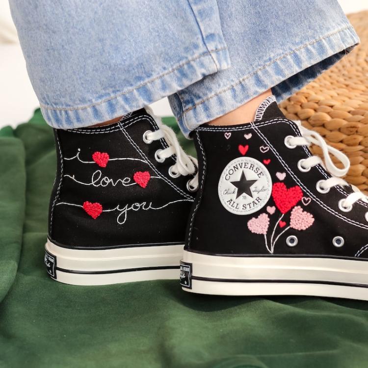 Custom Embroidered Converse High Tops, Heart Embroidered Shoes