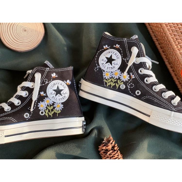 Daisy Converse, Custom Converse High Tops Embroidered Bee and Daisy
