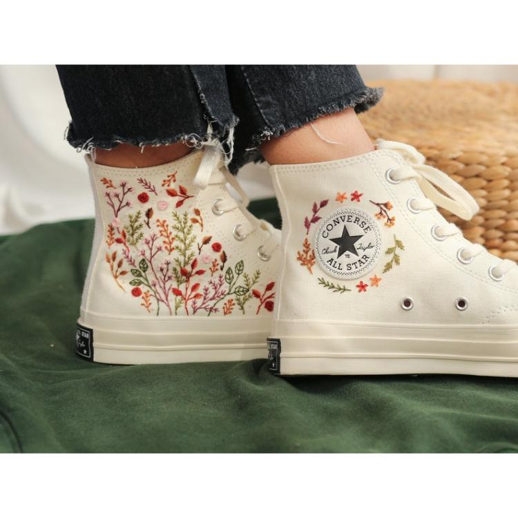 Custom Embroidered Converse High Tops, Flower and Colorful Leaves