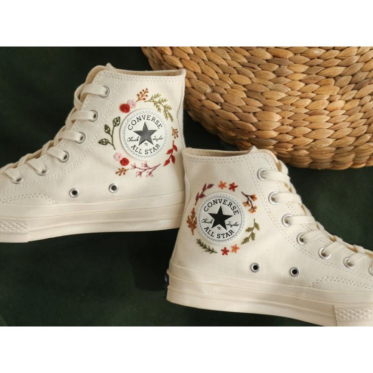 Custom Embroidered Converse High Tops, Flower and Colorful Leaves