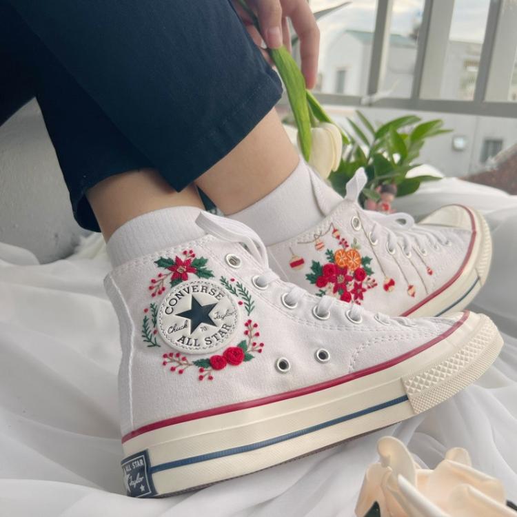 Flower Mint Converse, Gift For Kid, Custom Embroidery Converse Shoes