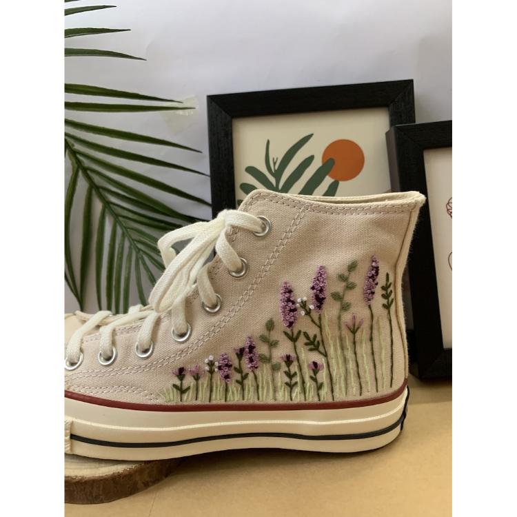 Flower Mint Converse, Gift For Kid, Custom Embroidery Converse Shoes