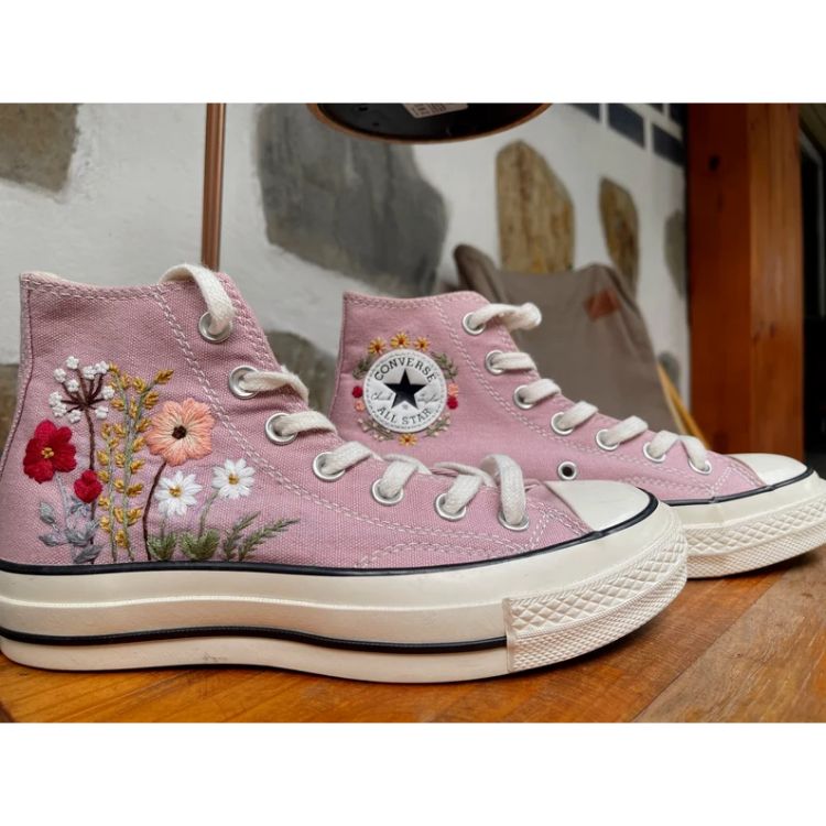 Custom Embroidered Flowers Leaf Classic Converse, Embroidery Floral