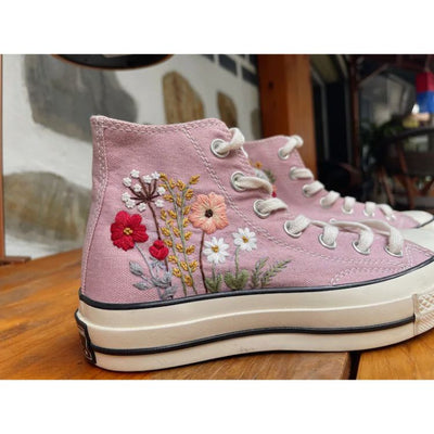 Custom Embroidered Flowers Leaf Classic Converse, Embroidery Floral