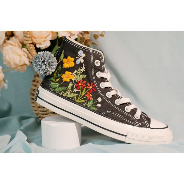 Embroidered Converse, High Tops, Colorful Chrysanthemum Garden
