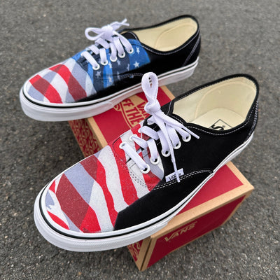 American Flag Red White And Blue Black, White Vans Lace Up Shoes