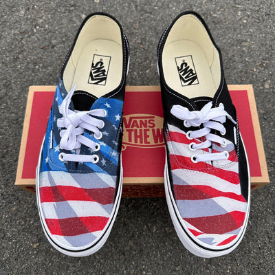 American Flag Red White And Blue Black, White Vans Lace Up Shoes