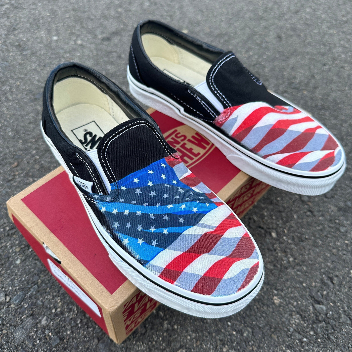 Black Slip On Vans Shoes for Men and Women Featuring American Flag