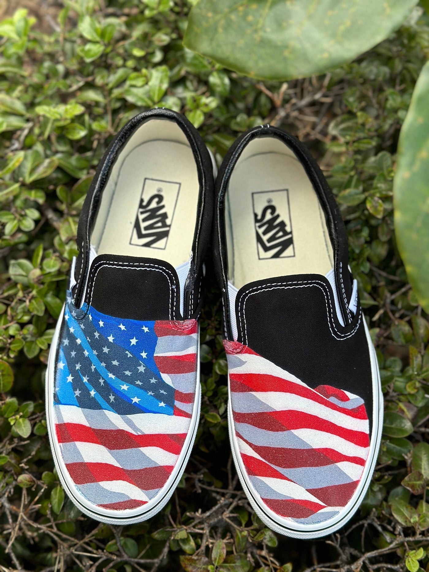 Black Slip On Vans Shoes for Men and Women Featuring American Flag