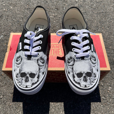 Black And White Skull And Rose on Black Vans Authentic
