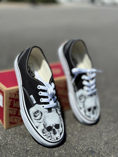 Black And White Skull And Rose on Black Vans Authentic
