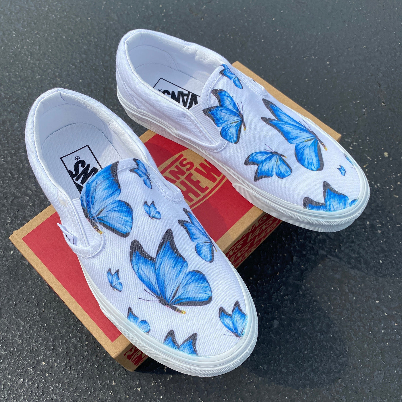 Blue Butterfly White Slip On Vans, Custom Vans Shoes