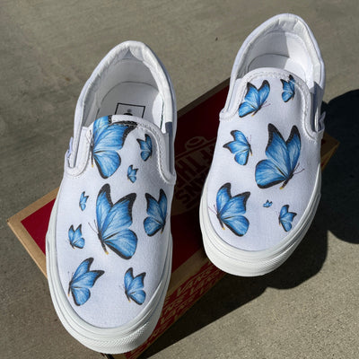 Blue Butterfly White Slip On Vans, Custom Vans Shoes