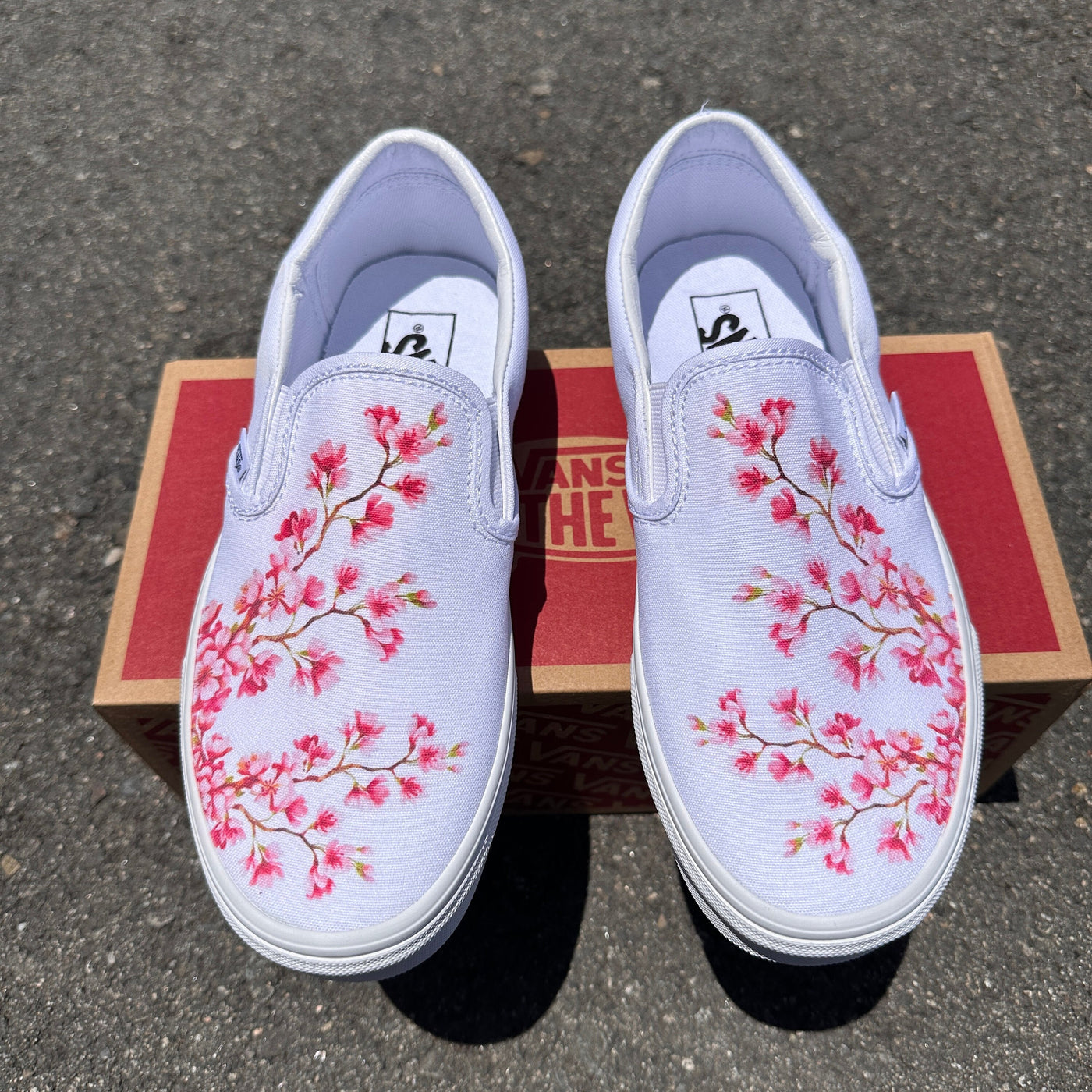 Cherry Blossoms White Vans Slip On Shoes  Mens and Womes