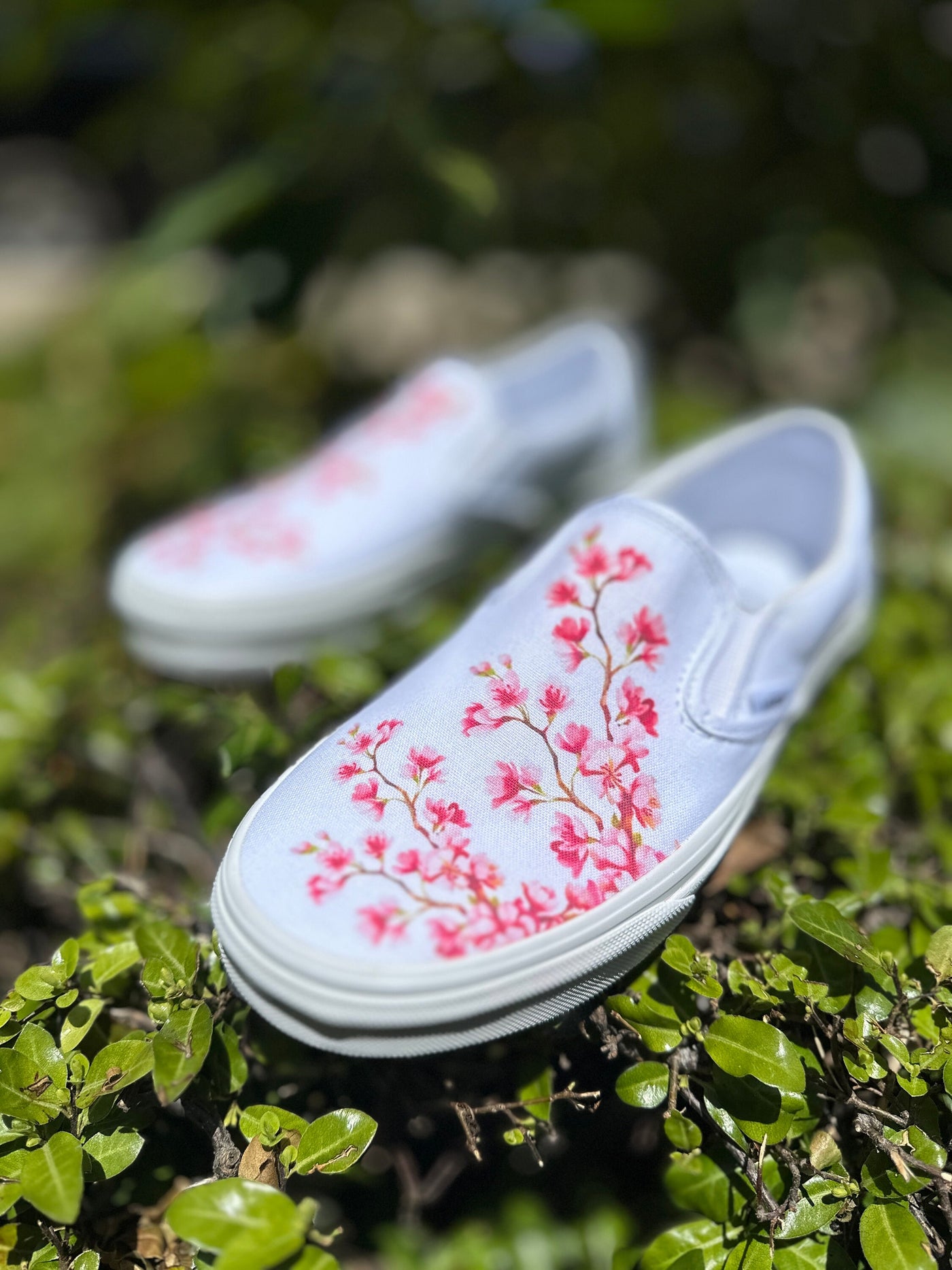 Cherry Blossoms White Vans Slip On Shoes  Mens and Womes